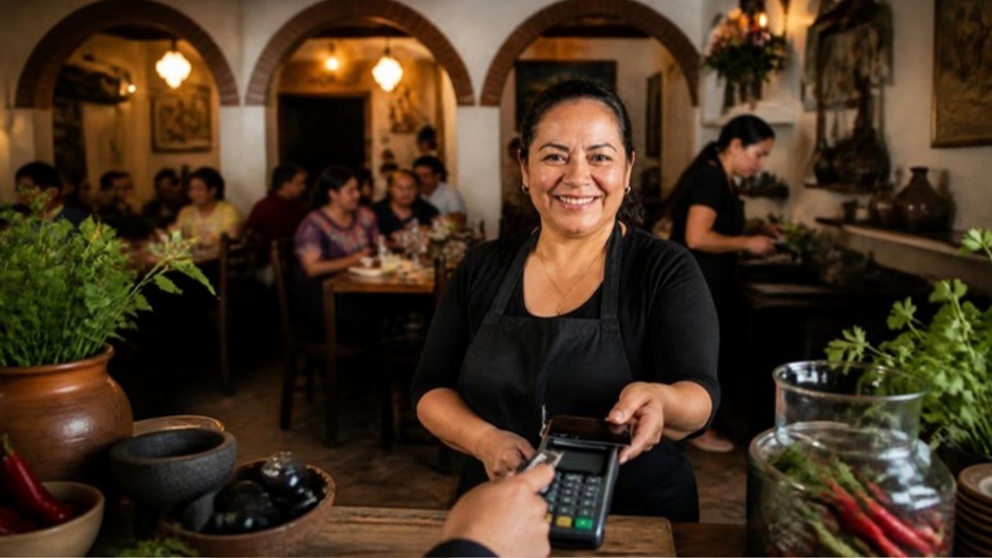 Dueña de restaurante cobrando con terminal
