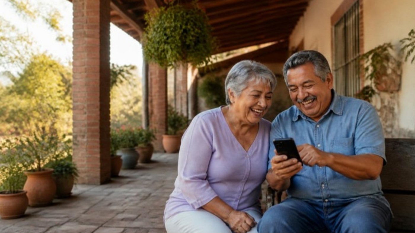 Pareja de pensionados sonriendo en su porche