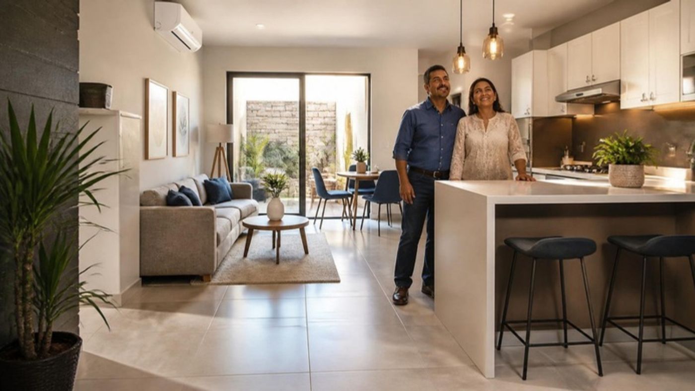Pareja en su cocina y sala recién remodeladas